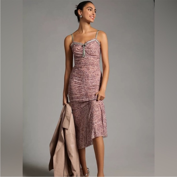 Anthropologie Sheer Mesh Midi Dress Size Large | Bodycon Ruched - Picture 2 of 16